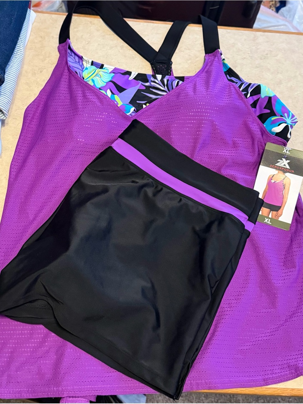 ZeroXposur Purple & Black Tankini Top with Skirted Bottom